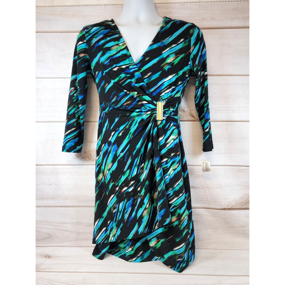 CALVIN KLEIN Womens Green/Blue/Black Wrap Style 3/4 Sleeve Dress Size 6 - Picture 1 of 10